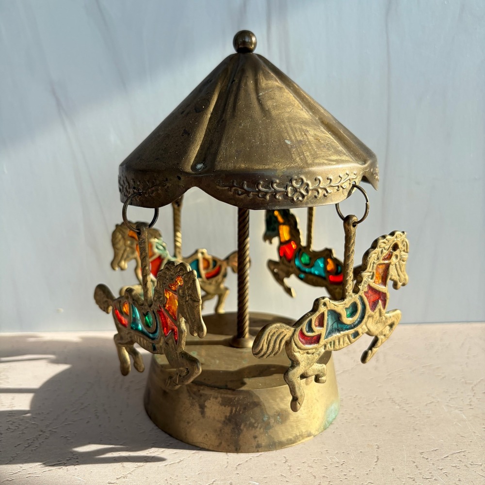 Vintage Brass Carousel Music Box Stained Glass Style Horses Moving Wind Up